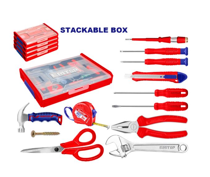 Juego de Herramientas Manuales con 51 Pcs en Caja Plástica Apilable, EMTOP