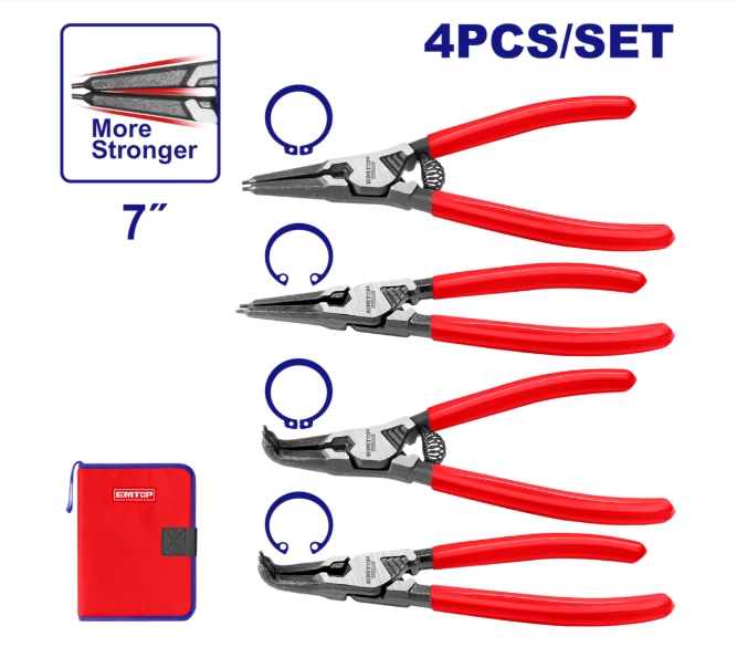 Alicate Industrial Circlip de 7" con 4 Piezas, Emtop