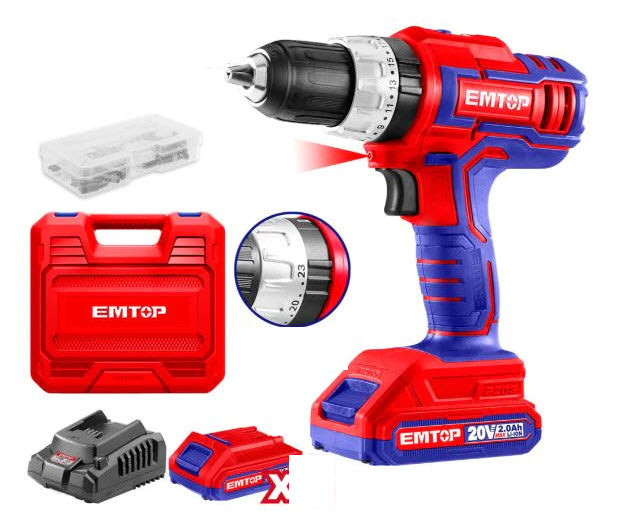 Taladro Industrial Inalámbrico Atornillador y Percutor de 20 V, EMTOP