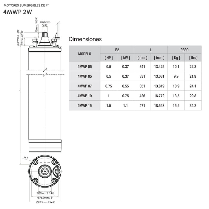 Motor Sumergible 4" (2 Hilos) Monofásico de 1 Hp , Pearl