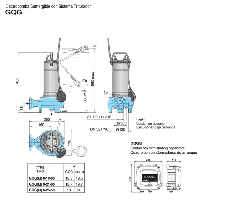Bomba de Agua Eyectora y Trituradora para Drenaje Serie GQGM de 2 Hp, Calpeda
