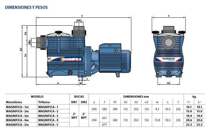 Bomba de Agua Autocebante para Piscina Serie Magnífica de 1 a 3 Hp, Pedrollo