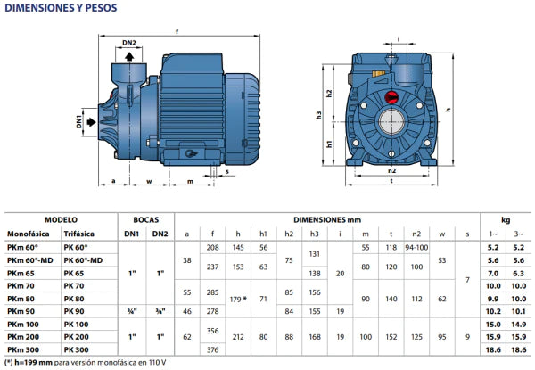 Bomba de Agua Periférica Serie PK de 0.5 a 1.5 Hp, Pedrollo