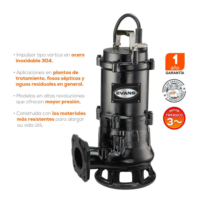 Bomba de Agua Eyectora para Aguas Sucias de 2 a 5 Hp, Evans