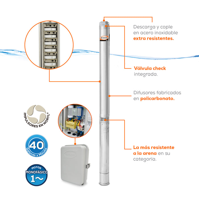 Bomba de Agua Sumergible Tipo Lapicero 4" de 40 GPM, Evans