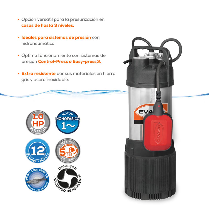 Bomba de Agua Eyectora para Aguas Limpias en Acero Inox de 1 Hp, Evans