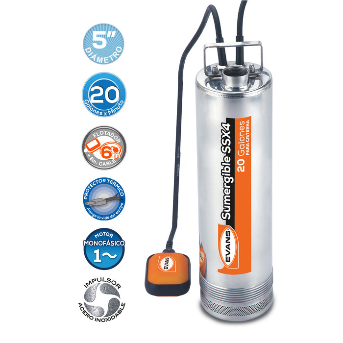 Bomba de Agua Tipo Lapicero en Acero Inox de 0.5 a 2 Hp, Evans