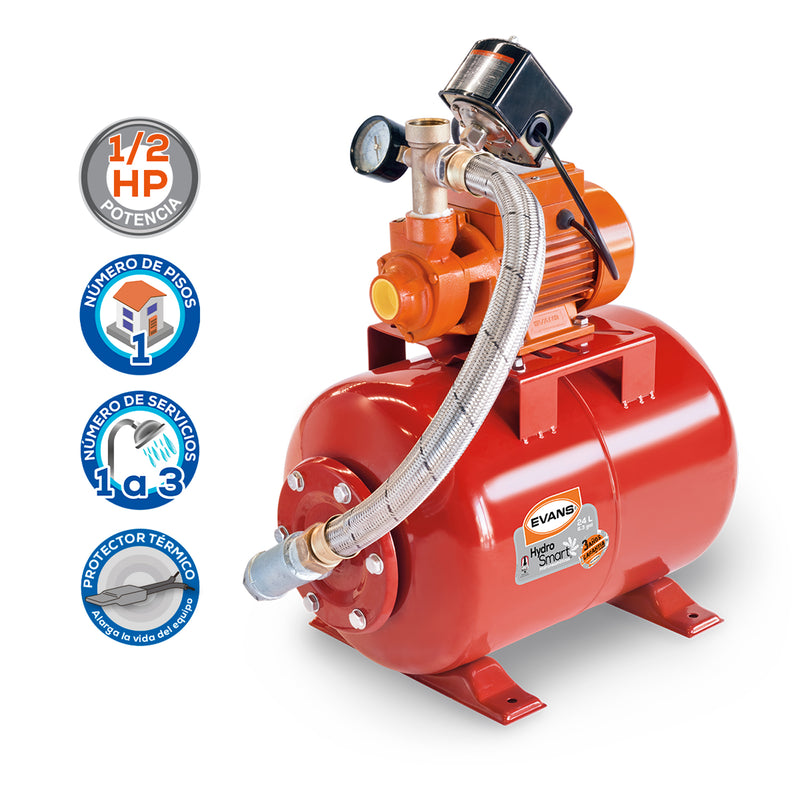Equipo Hidroneumático con Bomba Periferia de 0.5 Hp y Tanque Horizontal de 24 Litros, Evans