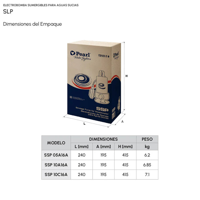 Bomba de Agua Eyectora para Drenaje en Acero Inoxidable Serie SSP de 0.5 a 1 Hp, Pearl