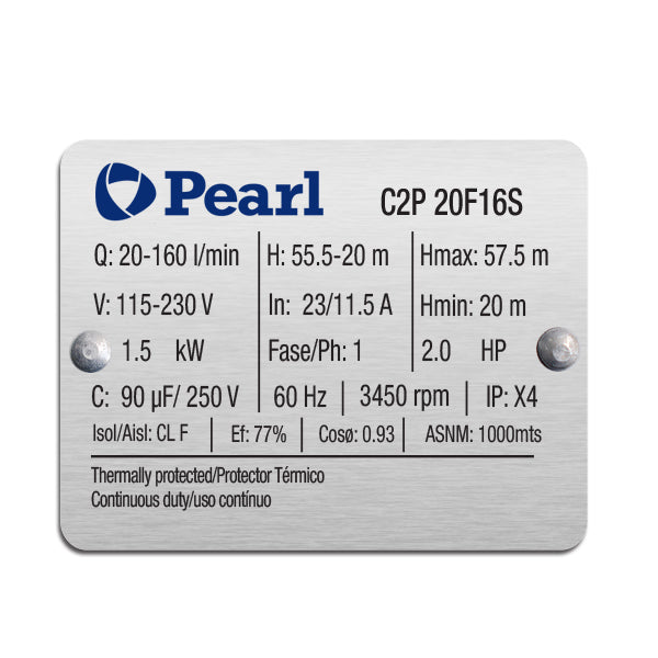 Bomba de Agua Centrífuga Serie C2P de 2 a 5.5 Hp, Pearl